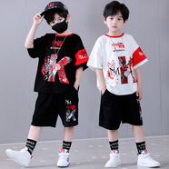 布戀貓秋季兒童演出服套裝男童短袖街舞套裝國潮3-14歲男孩帥氣架子 黑色 120 cm