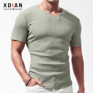 續(xù)點(diǎn)羅紋短袖t恤男士V領(lǐng)前短后長棉透氣彈力緊身修身健身打底衫夏季潮 淺綠色 2XL 碼145-155斤左右修身版型
