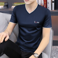 梵登諾（FANDENGNUO）夏季新潮款v領(lǐng)男士短袖t恤白色半截袖上衣服修身體恤衫男裝潮流 藏青色 XL【135-150斤】