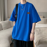 魄克酒紅色短袖t恤男夏季重磅大碼寬松純棉衣服潮牌2023新款港風(fēng)體恤 克萊因藍(lán)色 L 105-120斤
