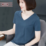 橫行道2024夏裝新款黑色短袖女裝白色v領(lǐng)t恤女士寬松打底衫上衣半袖 牛仔藍(lán) 3XL