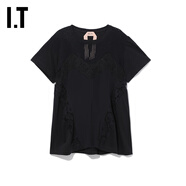 N°21 IT 女裝短袖圓領(lǐng)T恤甜美優(yōu)雅鏤空蕾絲拼接寬松休閑714157CF BKX/黑色 36