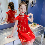 奧米鼠女童旗袍夏季連衣裙夏裝女孩休閑簡(jiǎn)約兒童夏天復古裙薄款公主裙子 紅色 130