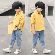 誠(chéng)心城裕兒童套裝春秋新款男女寶寶衣服小孩襯衫休閑牛仔褲嬰兒外出服8587 黃色套裝 110