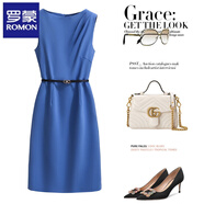 羅蒙（ROMON）質(zhì)感藍色無(wú)袖連衣裙夏季2025新款女裝小眾設計職場(chǎng)OL收腰裙子 藍色 L