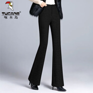 啄木鳥(niǎo)毛呢喇叭褲女2024春秋款高腰垂感顯瘦百搭加厚西裝褲休閑微喇褲子 黑色秋冬微喇褲 L 2尺1/105-115斤