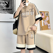 花花公子（PLAYBOY）短袖t恤男休閑套裝男2024夏季華夫格短褲兩件套圓領(lǐng)半袖男體.恤衫 DT681卡其套裝 190 (約170~195斤可穿)