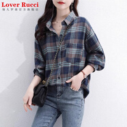 LOVER RUCCI法國格子襯衫女長(cháng)袖春秋款寬松中長(cháng)款磨毛棉布襯衣打底衫上衣外套 藍色格子 4XL建議180-210斤】
