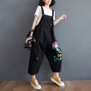 蘑菇同學(xué)破洞牛仔背帶褲女寬松牛仔褲女夏季減齡垮褲連體褲小個子七分褲 黑色 L【建議120-140斤】
