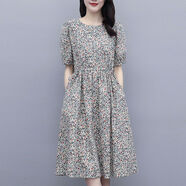 冰洋紅純棉碎花連衣裙女2025夏季新款收腰遮肚中長(cháng)款減齡休閑半袖薄裙子 墨綠 XL125140