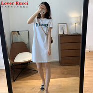 LOVER RUCCI夏季藏青色短袖t恤裙女中長款遮屁股純棉字母長t寬松顯瘦連衣裙子 白色(PLEA綠) XL