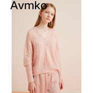 潮牌Avmko毛衣2022春季新款v領勾花鏤空針織蝙蝠衫女寬松慵懶套頭馬海毛毛衣 粉 均碼 建議80~125斤內(nèi)