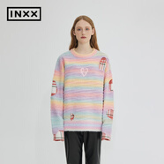 英克斯（inxx）ALLPICK 新品圓領(lǐng)套頭漸變彩色條紋毛衣情侶同款鏤空貼布繡針織衫 粉色 S
