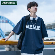 Colombass純棉短袖t恤男夏季日系字母印花潮牌休閑潮流寬松半袖打底體恤衫 藏青色 XL/180(建議145-160斤)