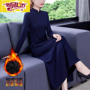 初徑2025秋冬新款高端女裝中國風(fēng)改良版旗袍氣質(zhì)顯瘦禮服連衣裙中長(zhǎng)款 藏藍(lán)色加絨加厚 XL 110-120