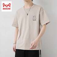 貓人（MiiOW）男士純棉短袖T恤夏季薄款潮牌圓領(lǐng)笑臉印花男裝衣服冰絲體恤 杏色 2XL