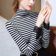 妙變美女雙面德絨半高領(lǐng)打底衫加絨保暖2025春秋新款內(nèi)搭外穿長袖T恤上衣 黑白條紋【雙面德絨】 L 建議100-110斤