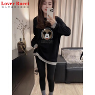 LOVER RUCCI2025新款德絨假兩件長袖t恤女中長款搭配鯊魚褲加厚打底衫秋冬季 黑色(字母米奇款 德絨款) XL (建議125-145斤)