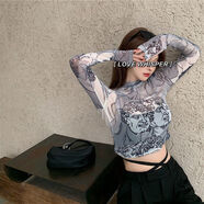 半高領(lǐng)網(wǎng)紗透視裝T恤修身打底衫女春秋季內搭長(cháng)袖薄款透明上衣百搭SN6116 淺灰色（藝術(shù)抽象印花） S