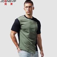 簡束（JOONSVIP）280G重磅短袖T恤男撞色拼接純棉透氣半袖打底衫寬松純色夏季體恤 黑綠色 M （58-65kg左右）