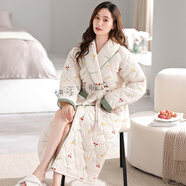 妍密俏加絨睡袍女士秋冬季夾棉純棉襖加厚保暖加長(cháng)款全棉浴袍冬天睡衣 淺藍色 YZL-6617(圖片色) 女款XL碼【120-140斤】