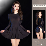 歐佰悅冰絲偽娘連衣裙初學者性感透明女裝衣服薄款緊身純色長袖6440 黑色 均碼 120-180斤