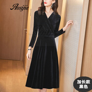 Aosijie輕奢女裝品牌 金絲絨連衣裙女V領(lǐng)2020秋冬新款修身顯瘦氣質(zhì)宴會(huì )晚禮服長(cháng)袖赫本風(fēng)小黑裙 黑色長(cháng)/款 M