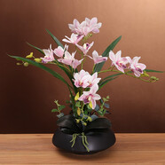 高檔蕙蘭仿真花假花帶花瓶套裝擺件家居客廳電視柜餐桌前臺(tái)裝飾花 黑瓶+淺粉色套裝