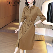 SIN.CYC女裝襯衫連衣裙中長(cháng)款長(cháng)袖春秋季氣質(zhì)收腰顯瘦裙子 卡其色 3XL (140-160斤)