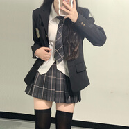 拉曼咔原創(chuàng)jk制服裙正版西裝外套秋冬季新款學院風鉗色西服套裝三件套女 煙灰裙+黑色西裝+尖角襯衫 送絲襪 S 【推薦70~90斤】