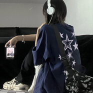 7家優(yōu)品短袖t恤男夏季新款歐美街頭寬松潮牌款潮流美式復古星星五分半袖 JXFS-446藏青色 3XL