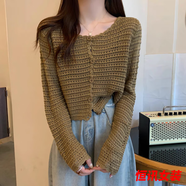 美梵朗春夏新款鏤空針織開衫女長(zhǎng)袖外搭網(wǎng)織小罩衫毛衣外套短款上衣 卡其色 S