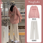 雅黛絲薇 衛(wèi)衣女裝秋裝時(shí)尚運(yùn)動(dòng)休閑套裝女2022年秋季新款韓版寬松炸街洋氣闊腿褲衣服兩件套潮 粉色衛(wèi)衣+米白色褲子 M【建議95-108斤】