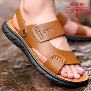 蜻蜓牌男士涼鞋真皮牛皮夏季防滑防水厚底透氣沙灘鞋大碼兩用外穿涼拖鞋男開(kāi)車(chē)夏天涼皮鞋軟底休閑拖鞋男 卡其色 加厚乳膠按摩升級款 38