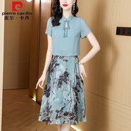 皮爾卡丹（pierre cardin）新中式國風(fēng)假兩件短袖連衣裙女夏2024年夏季新款氣質(zhì)旗袍裙子夏裝 青綠色 L [106-115斤]