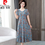 皮爾卡丹中年媽媽洋氣夏裝大碼裙子中老年杭州碎花短袖連衣裙女 藍色 收藏加購優(yōu)先發(fā) 5XL (160-180斤)