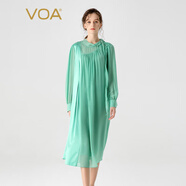VOA桑蠶絲喬其紗堆堆領(lǐng)長(cháng)袖飄帶裝飾拼接彈力緞?wù)娼z連衣裙 AE1903 浣溪紗-水藍（A09） M