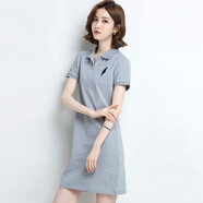 簡(jiǎn)馬仕保羅polo衫連衣裙女夏季新品中長(cháng)款短袖t恤女純棉翻領(lǐng)休閑氣質(zhì)裙子女 灰色 L  建議110-120斤