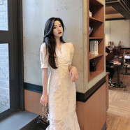 miss nitaly 夏裝新款荷葉邊魚尾裙收腰超仙中長款連衣裙女性感顯瘦長裙子 杏色 M