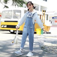 雷公仔童裝女童背帶褲春秋裝2025新款休閑百搭牛仔褲子兒童中大童長褲 背帶褲 130
