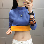 KJ保暖內(nèi)衣新款半高領(lǐng)保暖上衣女士毛衣秋冬季加絨加厚打底保暖衣女 加絨海霧藍(lán)色（彩色袖 L