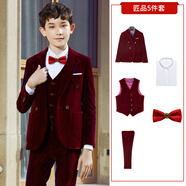 ELPA兒童西裝套裝男童西服中大童花童禮服加厚絲絨套裝演出服男童秋冬 紅平駁領(lǐng)5件套：3件套+襯衫+領(lǐng)結(jié) 120碼 身高110-120cm 重39-45