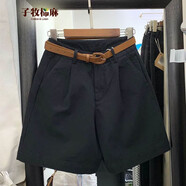子牧棉麻夏裝 女韓版百搭工裝短褲寬松闊腿休閑短褲8883 黑色 M(建議95-105斤)