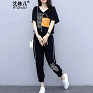 艾珠兒休閑褲女時(shí)尚套裝夏季新款韓版上衣九分褲女寬松顯瘦休閑套裝女 黑色 XXL