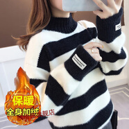 初中生保暖加絨毛衣冬天少女孩半高領(lǐng)套頭秋冬十幾歲高中學(xué)生寬松打底上衣針織衫 黑色【加厚 【收藏 L 105-115斤