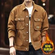 名面美式重磅復古牛仔外套男士秋季潮牌寬松純棉硬漢獵裝工裝夾克上衣 姜黃（加絨加厚秋冬款） M （100-120斤）