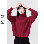 斐特瑪杏色麻花高領(lǐng)毛衣女秋冬2024新款慵懶風(fēng)溫柔加厚針織打底衫小個子 酒紅色 M（適合100-120斤）
