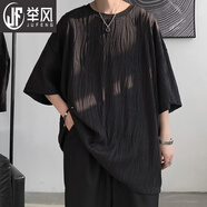 舉風(fēng)波浪紋高滑料冰絲T恤男短袖夏季潮流潮牌ins半袖寬松大碼體恤上衣 黑色 5XL 210至230斤可穿