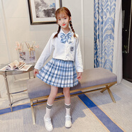貝孩趣童裝女童jk套裝學(xué)院風(fēng)襯衫秋季兒童長袖兒童校服百褶裙班服兩件套 海格藍(lán)色 160 碼(建議身高145-155厘米)
