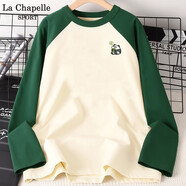 La Chapelle Sport拉夏貝爾純棉長袖t恤女秋季百搭撞色插肩打底衫女裝學(xué)生圓領(lǐng)體恤 綠色(可愛熊貓胸標(biāo)) M /165（推薦100-115斤）